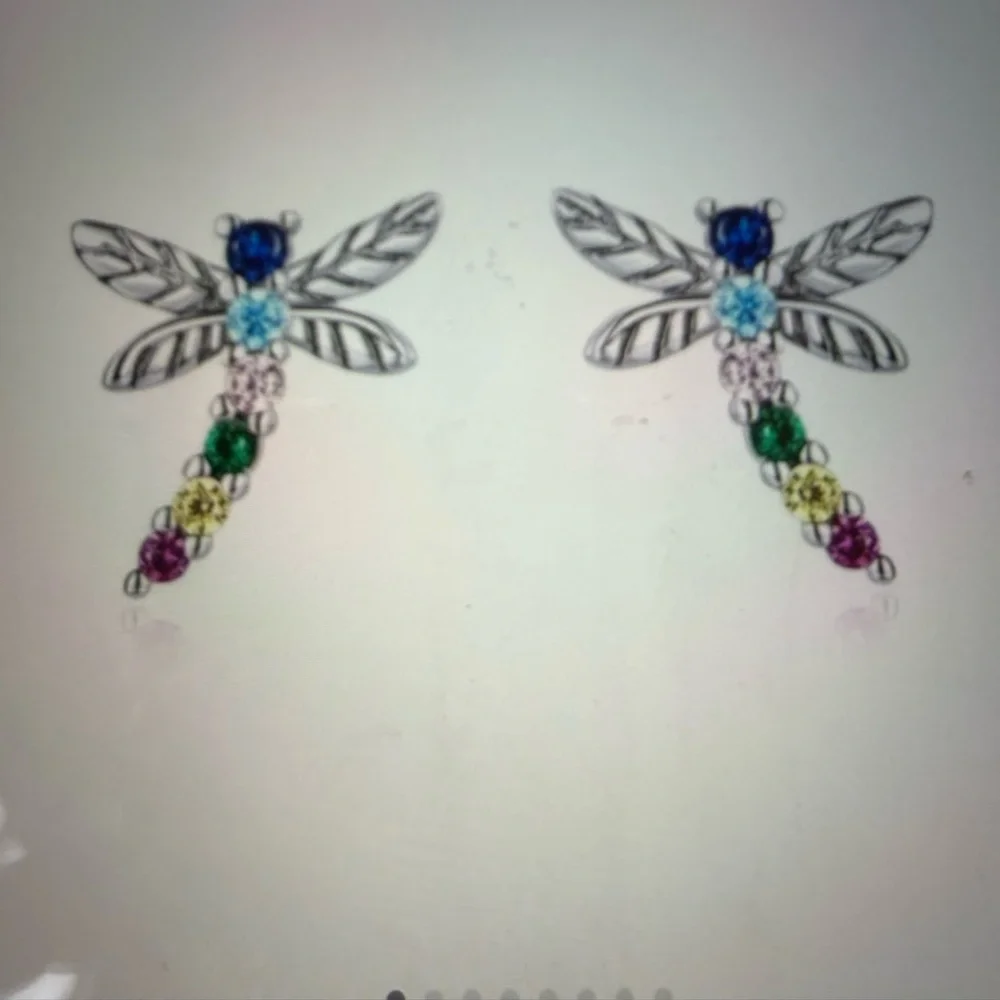 925 Sterling Silver Colorful Zircon Dragonfly Earrings